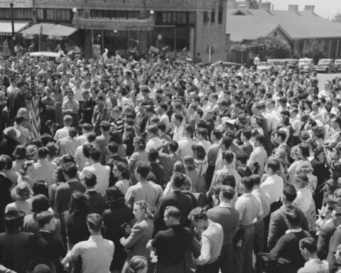 Amerikaanse studenten protesteren in Berkeley tegen Amerikaanse deelname aan de Tweede Wereldoorlog, 19 april 1940