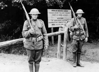 Amerikaanse bewakers bij Montabaur een stad in het Rijnland, 1919