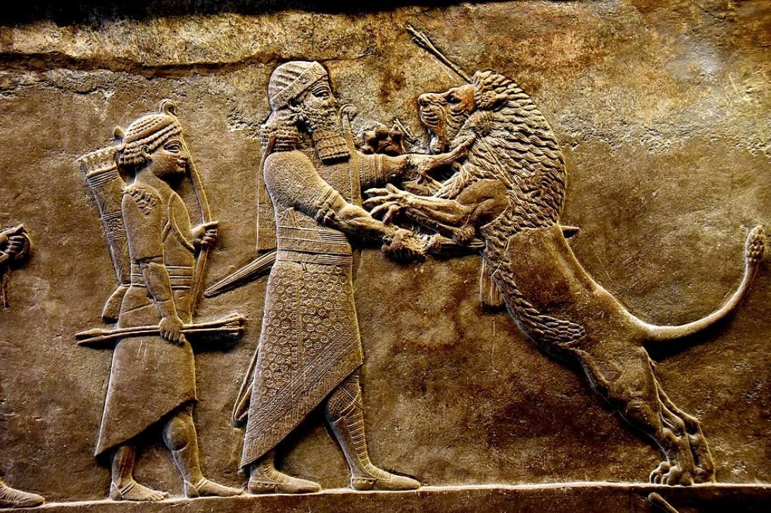 De Assyrische koning Ashurbanipal tijdens de leeuwenjacht