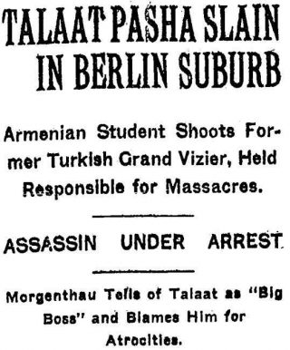 Bericht in de New York Times van 16 maart 1921 over de moord op Talaat Pasha