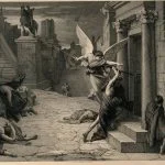 De engel des doods slaat op een deur tijdens de plaag van Rome. Gravure van Levasseur naar Jules-Elie Delaunay