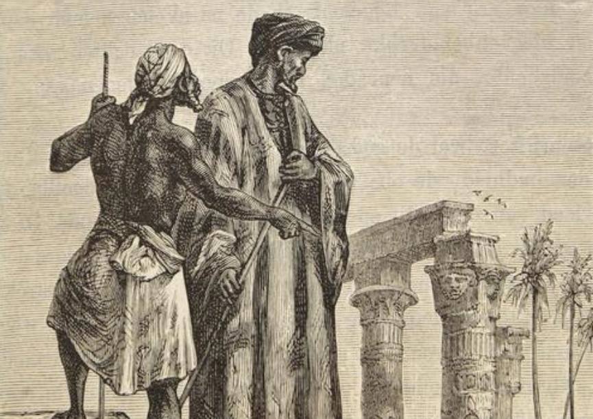 Ibn Battuta in Egypte, getekend door Léon Benett voor het boek Découverte de la terre van Jules Verne