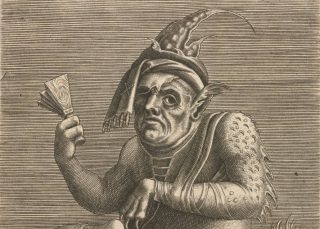 Leprozenbedelaar als duivel op een anonieme 16e-eeuwse gravure.