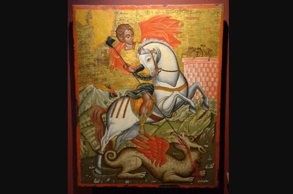 Sint-Joris en de draak (achttiende-eeuwse ikoon uit het Antivouniotissa-museum, Korfu)