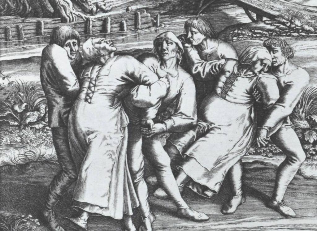 Gravure van Hendrik Hondius waarop drie vrouwen te zien zijn die aan de dansplaag lijden - Reproductie door Pieter Bruegel de Oudere
