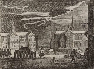 Pestdoden worden in Amsterdam ten grave gedragen. Op de achtergrond het Stadhuis en de Nieuwe Kerk. (Beeldbank Amsterdam)