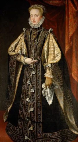 Anna van Oostenrijk: vierde echtgenote van de Spaanse Koning, Filips II. De Nederlandse mode was in de zestiende eeuw voornamelijk schatplichtig aan de Spaanse hofmode.