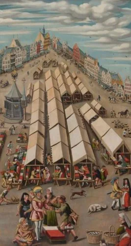 De lakenmarkt te ’s-Hertogenbosch – Anoniem, ca. 1530 (Publiek Domein - wiki - Noordbrabants Museum) - Gezicht op de Lakenmarkt van ’s-Hertogenbosch. Vooraan Sint-Franciscus, de patroonheilige van het gewandsnijders- en droogscheerdersgilde, die stoffen uitdeelt aan de armen. Opvallend is de kleurrijke waar van de handelaren.