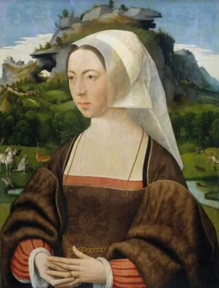 Portret van een onbekende vrouw – Jan Jansz Mostaert, ca. 1525 (Publiek Domein - Rijksmuseum - wiki) Onbekende vrouw met rood/oranje onderrock waarvan de hals vierkant is uitgesneden. De tabbaard heeft wijde omgeslagen mouwen met bontvoering. Het haar is in het midden gescheiden, waarna het achter de oren is gelegd. Onder haar lange dunne witte hoofddoek zijn een templet en ondermutsje te zien.