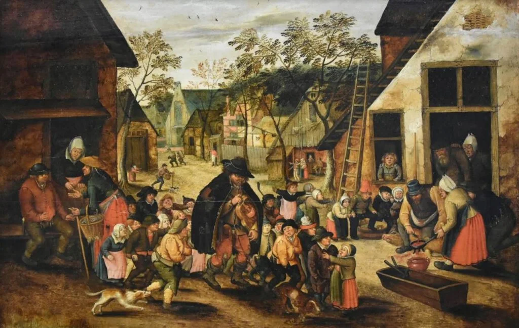 De lierenman – Pieter Brueghel de Jonge (Publiek Domein - Noordbrabants Museum - wiki) - De lierenman was een arme blinde man. Zijn hoed is daar een symbool van. De kinderen zijn haast miniaturen van hun ouders. De meisjes met witte hoofddoekjes, tabbaarden en een schort, de jongens, de bonnetten op het hoofd, in wambuizen en hozen, sommigen met overbroek. 