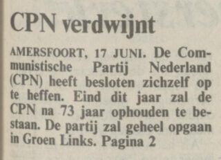 Kort bericht op voorpagina NRC Handelsblad over opheffing CPN (17-6-1991) - Delpher