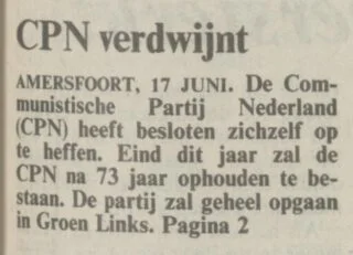 Kort bericht op voorpagina NRC Handelsblad over opheffing CPN (17-6-1991) - Delpher