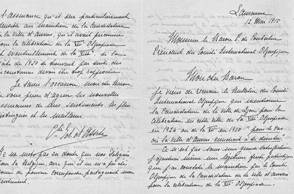 Brief van Edouard d’Assche aan IOC-voorzitter Pierre de Coubertin.
