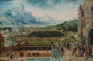 Toegeschreven aan Lucas Gassel, Panoramisch uitzicht op een Renaissancepaleis met scènes uit het verhaal van David en Bathseba, ca. 1540-1550, olieverf op paneel - Wadsworth Atheneum Museum of Art, Hartford, CT. The Ella Gallup Sumner and Mary Catlin Sumner Collection Fund.