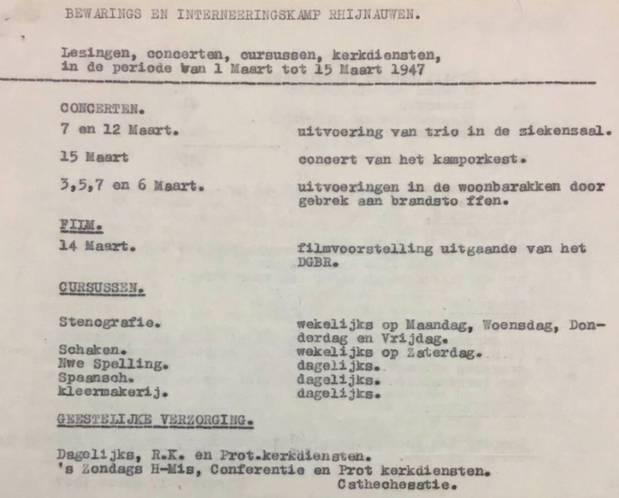 Lezingen, concerten, cursussen en kerkdiensten in Kamp Rhijnauwen van 1 t/m 15 maart 1947. - Nationaal Archief, archief DGBR