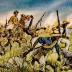 Namibische Genocide - Duitse troepen in gevecht met de Herero, een schilderij van Richard Knötel