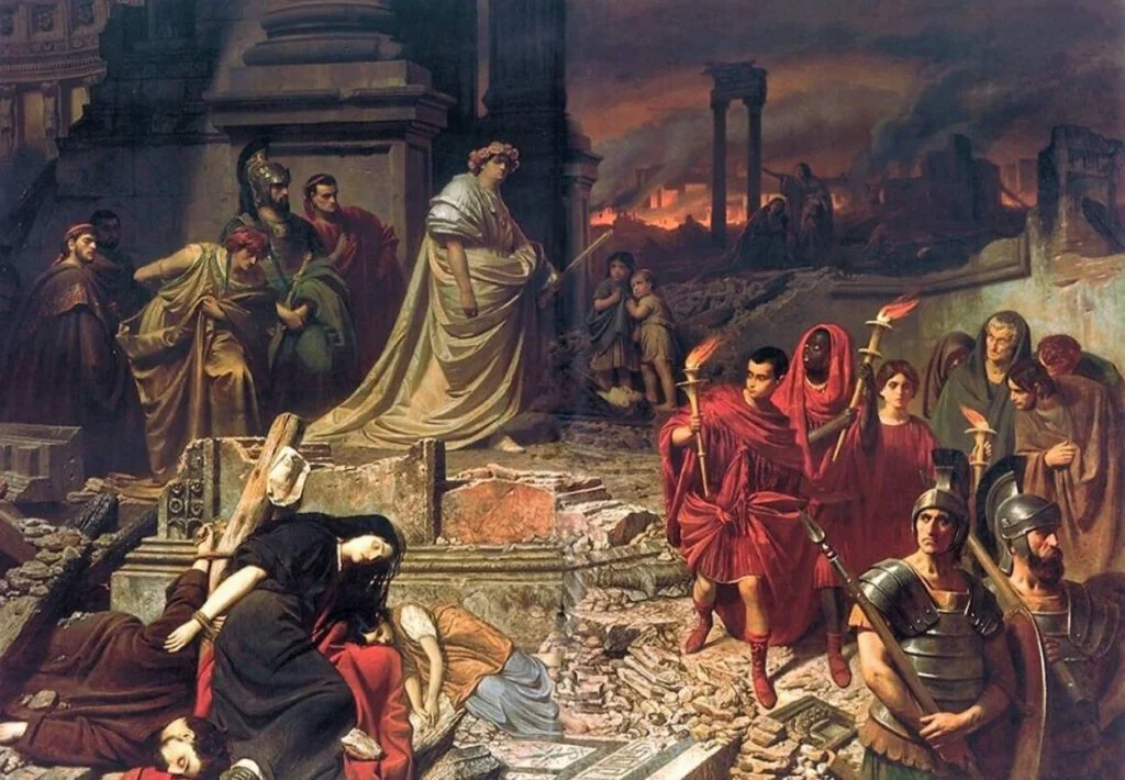 Een voorstelling van de grote brand van Rome. Op de achtergrond Nero en de ruïnes van de brandende stad. Een schilderij van Karl Theodor von Piloty (ca. 1861).
