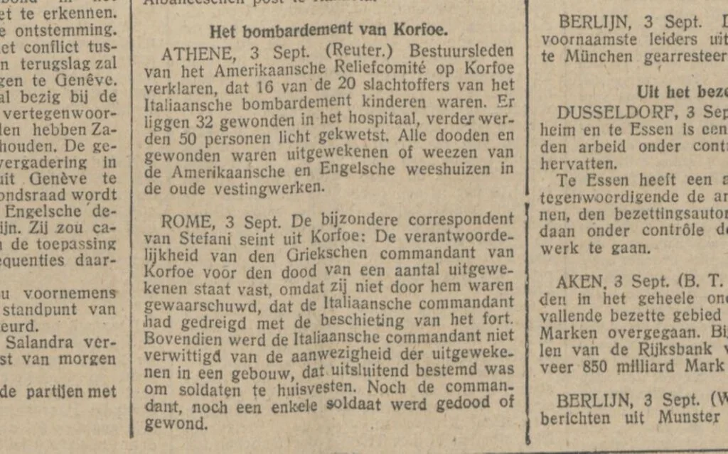 Bericht in De Tĳd van 4 september 1923 over het bombardement op Korfoe