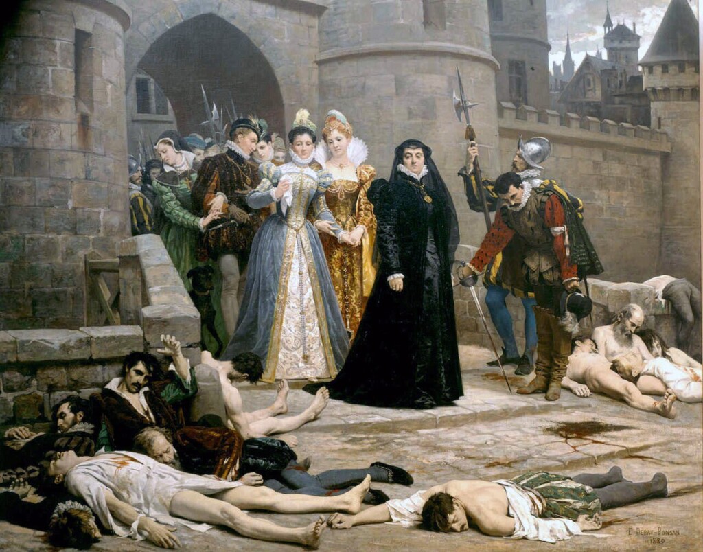 Catharina de’ Medici kijkt naar de protestanten die zijn afgeslacht tijdens de Bartholomeusnacht