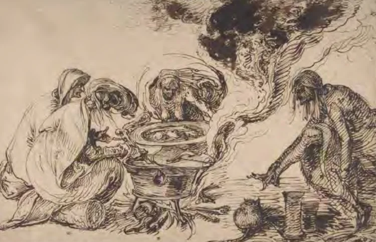 Jacob de Gheyn (II), Heksensabbat (ca. 1600). Vier heksen verzamelen rond een ketel. Een kat houdt hen gezelschap (The Metropolitan Museum of Art New York). Uit: Zat het snor?