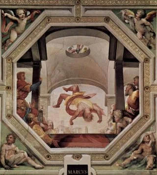 Marcus Manlius wordt van de Tarpeïsche rots gegooid - Fresco van Beccafumi in het Palazzo Pubblico in Siena 