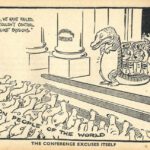 Karikatuur van David Low over het einde van de Wereld Ontwapeningsconferentie, 1937