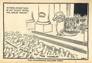 Karikatuur van David Low over het einde van de Wereld Ontwapeningsconferentie, 1937