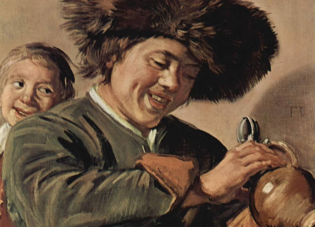 Detail van 'Twee lachende jongens met bierkruik' van Frans Hals