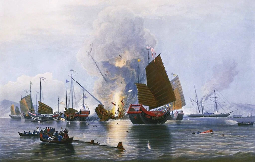 Het Britse stoomschip Nemesis vernietigt enkele Chinese jonken tijdens de Eerste Opiumoorlog – Edward Duncan, 1843