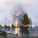 Het Britse stoomschip Nemesis vernietigt enkele Chinese jonken tijdens de Eerste Opiumoorlog – Edward Duncan, 1843