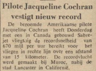 Bericht over een record van Jacqueline Cochran in de Javabode van 1953 