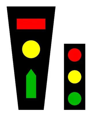 Voorstel van Karl Peglau voor invoering van stoplichten met symbolen (links). Rechts de moderne variant