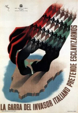 Propaganda-poster van de republikeinen tegen inmenging van de Italianen