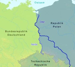 De rivieren Oder en Neisse, gezien op een moderne kaart van na de Duitse eenwording 