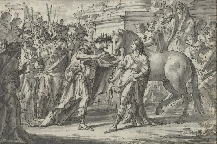 Koning Philippus II van Macedonië schenkt zijn zoon Alexander het paard Bucephalus. Bron: Rijksstudio Rijksmuseum