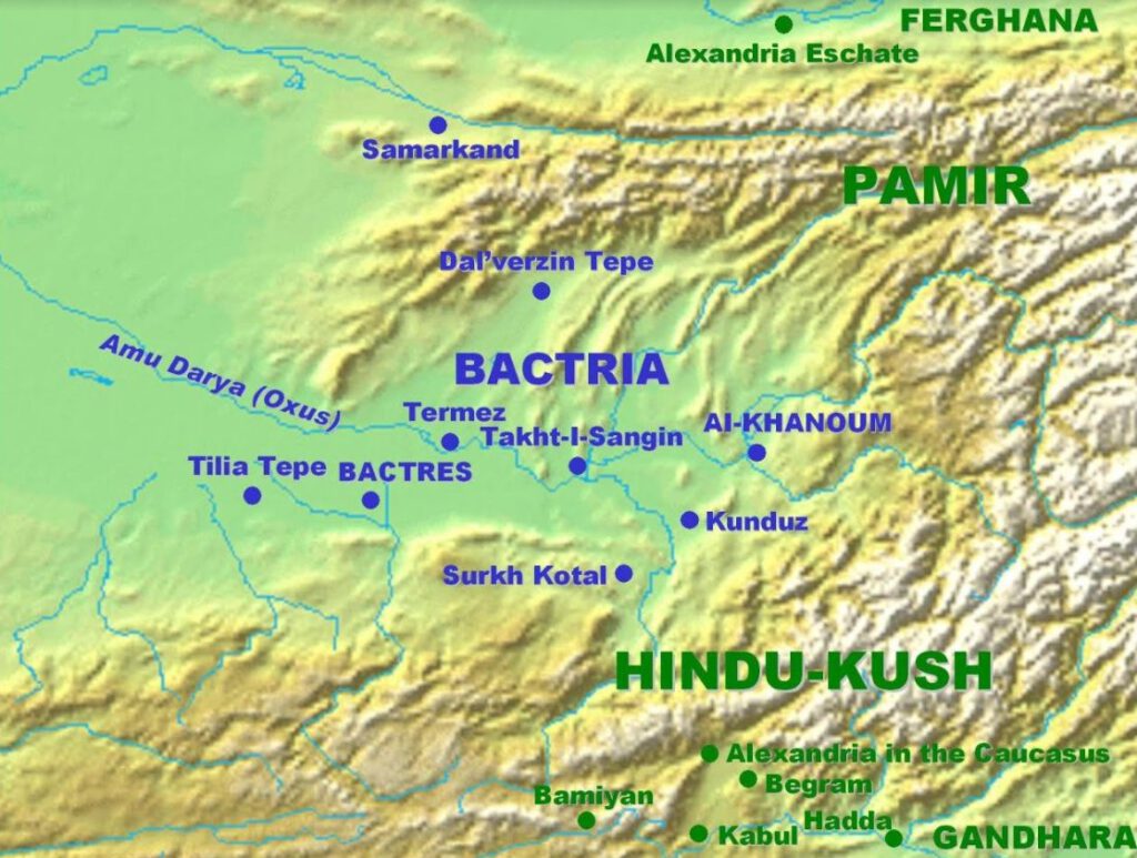 Kaart van de streek Bactrië met Aï-Khanoum in het Oosten en de regionale hoofdstad Baktra (Bactres) meer naar het Westen