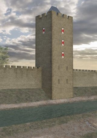 Reconstructie vierkante tufsteen muur met toren,  12de eeuw