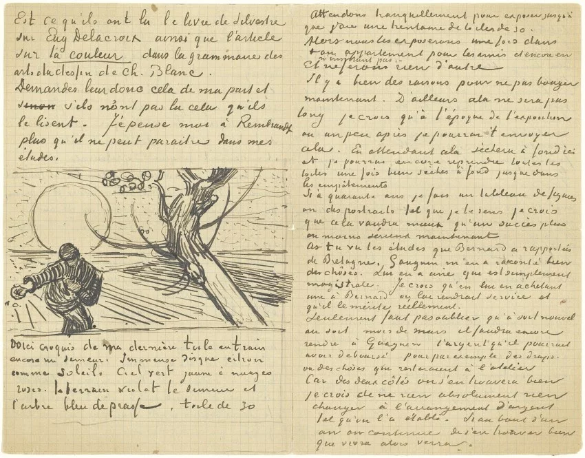 Vincent van Gogh, Brief van Vincent van Gogh aan Theo van Gogh met schets van Zaaier met ondergaande zon (verso), Arles, c. 21 november 1888, pen in inkt op papier, 21 x 27 cm, Van Gogh Museum, Amsterdam (Vincent van Gogh Stichting) Brief nummer 722.