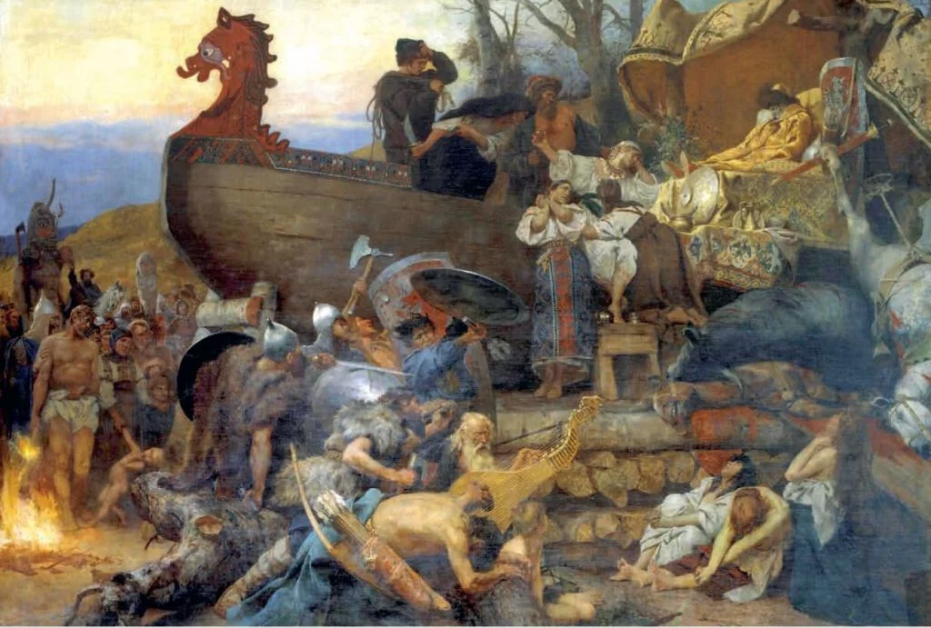 Begrafenis van een vorst of edele van de Roes. Schilderij van Henryk Siemiradzki, geïnspireerd door de reisbeschrijving van Ibn Fadlan. (1884); afb. uit Vikingen.