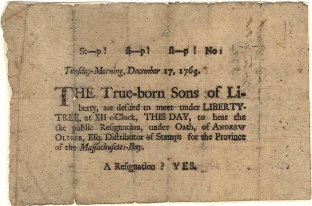 Document uit 1765 waarop de Sons of Liberty worden vermeld