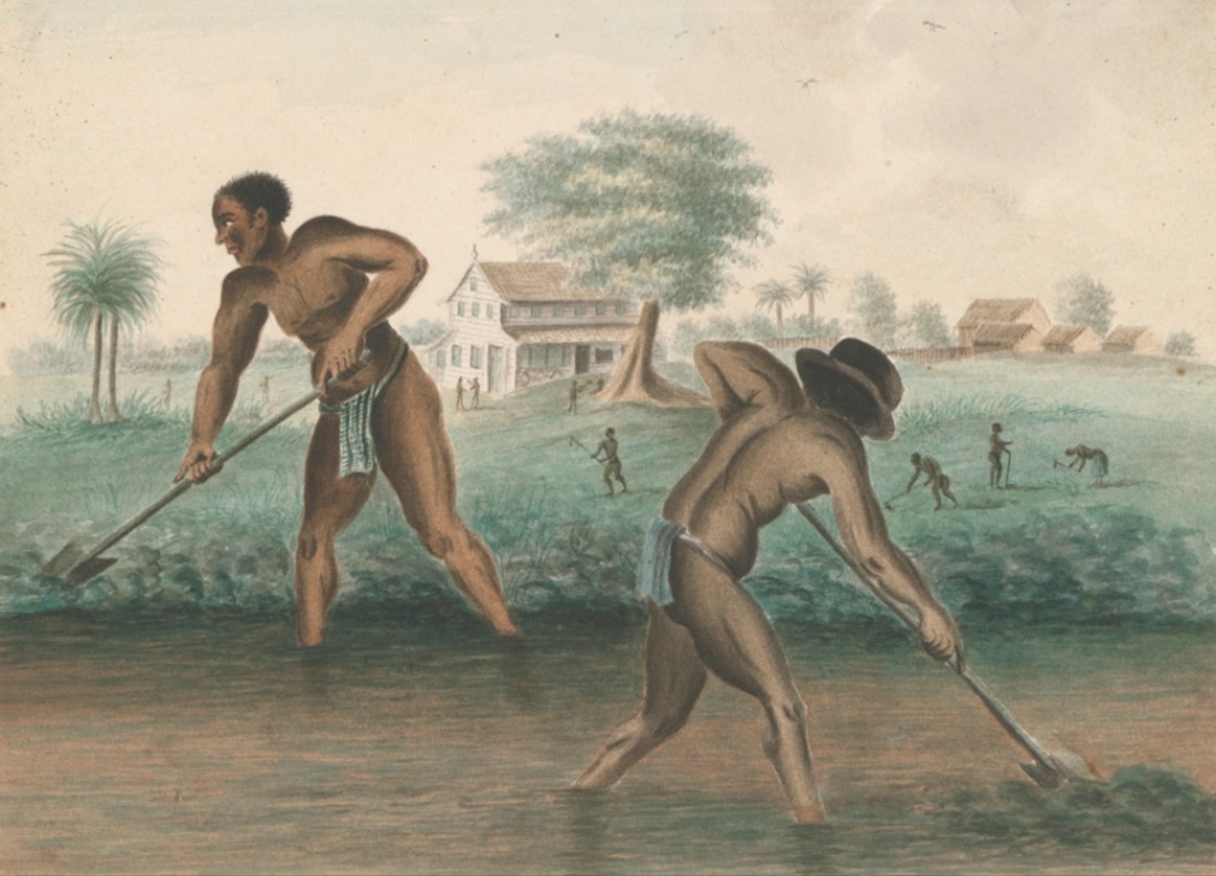 Anoniem, Tot slaaf gemaakte mannen graven trenzen, ca. 1850