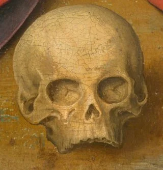 De schedel van Adam, te zien op 'De bewening van Christus' van Rogier van der Weyden, ca. 1460 