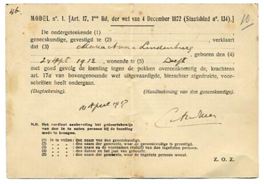 Vaccinatiebewijs - Een pokkenbriefje uit later tijden: 1919 (CC BY 3.0 - Museon - Europeana)
