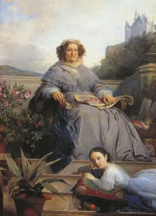 Barbe Nicole Ponsardin-Clicquot. Portret met dochter - Léon Cogniet