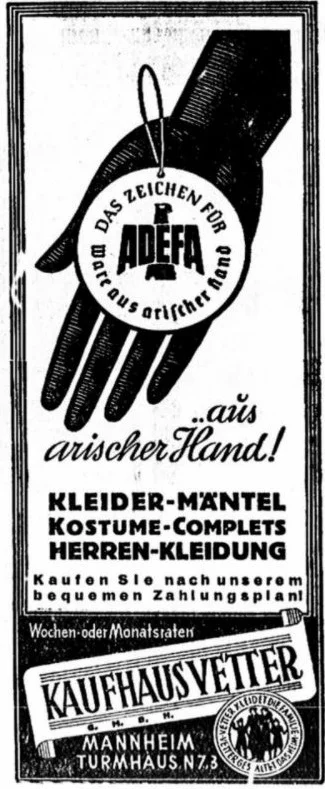 Als gevolg van de ariseringsacties van het naziregime verenigden Duitse bedrijven en winkels zich in de Duits-Arische bond Adefa. Het waarmerk van Adefa was een garantie dat men de consument zijn aankopen niet in een Joodse zaak zou doen.