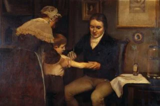 Edward Jenner geeft de eerste vaccinatie aan de achtjarig James Phipps, 1796 - Schilderij van E. Board