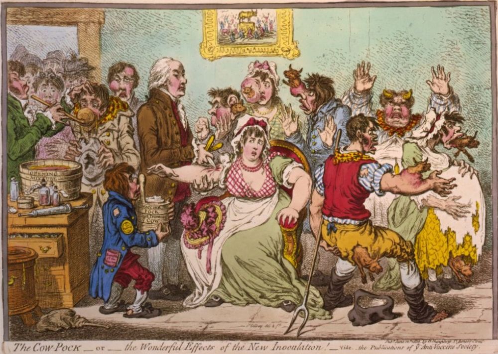 Cartoon uit 1802 die het vaccin van Edward Jenner op de hak neemt. - James Gillray