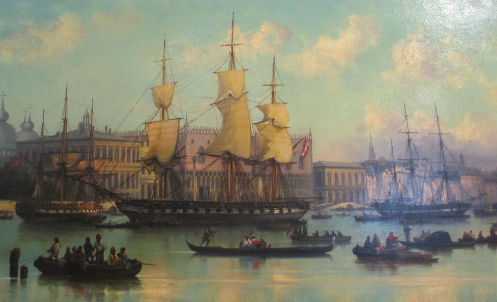 Het fregat Novara, geschilderd door Josef Püttner (na1862).