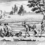 Engelse karikatuur over 'De oorlog om Jenkins' oor'. Linksboven wordt Jenkins van zijn oor ontdaan.