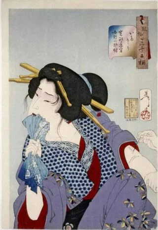 Een Japanse prostituee verbijt de pijn terwijl ze wordt getatoeëerd, 1888